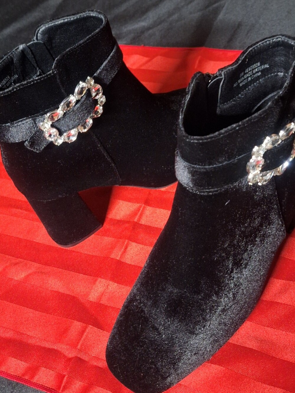 Black Velvet Ankle Booties with Crystal Buckle Accent